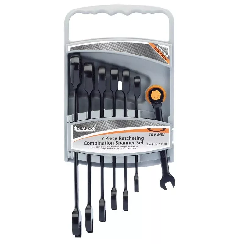 Draper Hi-Torq Metric Ratcheting Combination Spanner Set, 7 Pce